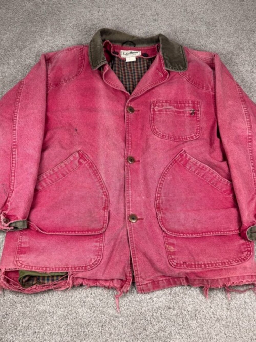 Vtg LL Bean Men's L Chore Barn Coat Jacket Red Plaid Removable Lining Thrashed